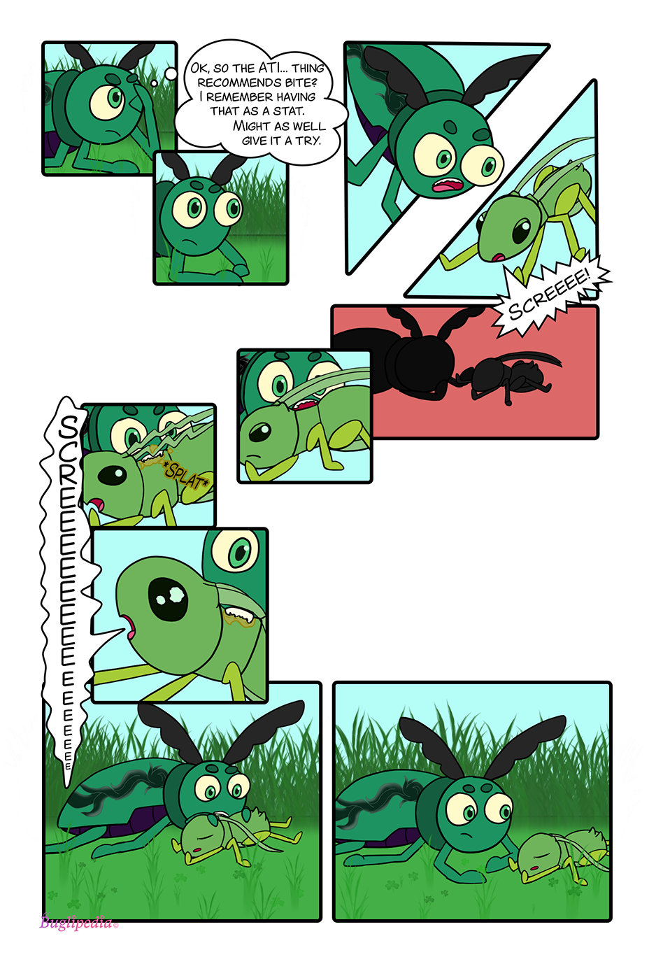 Comic page Chapter 2 page 5. Andrew the beetle thinks that biting attack will work on the aphid, he attacks and so does the aphid, sadly the aphid is killed by Andrew the beetle, Andrew stops biting it and takes a look.