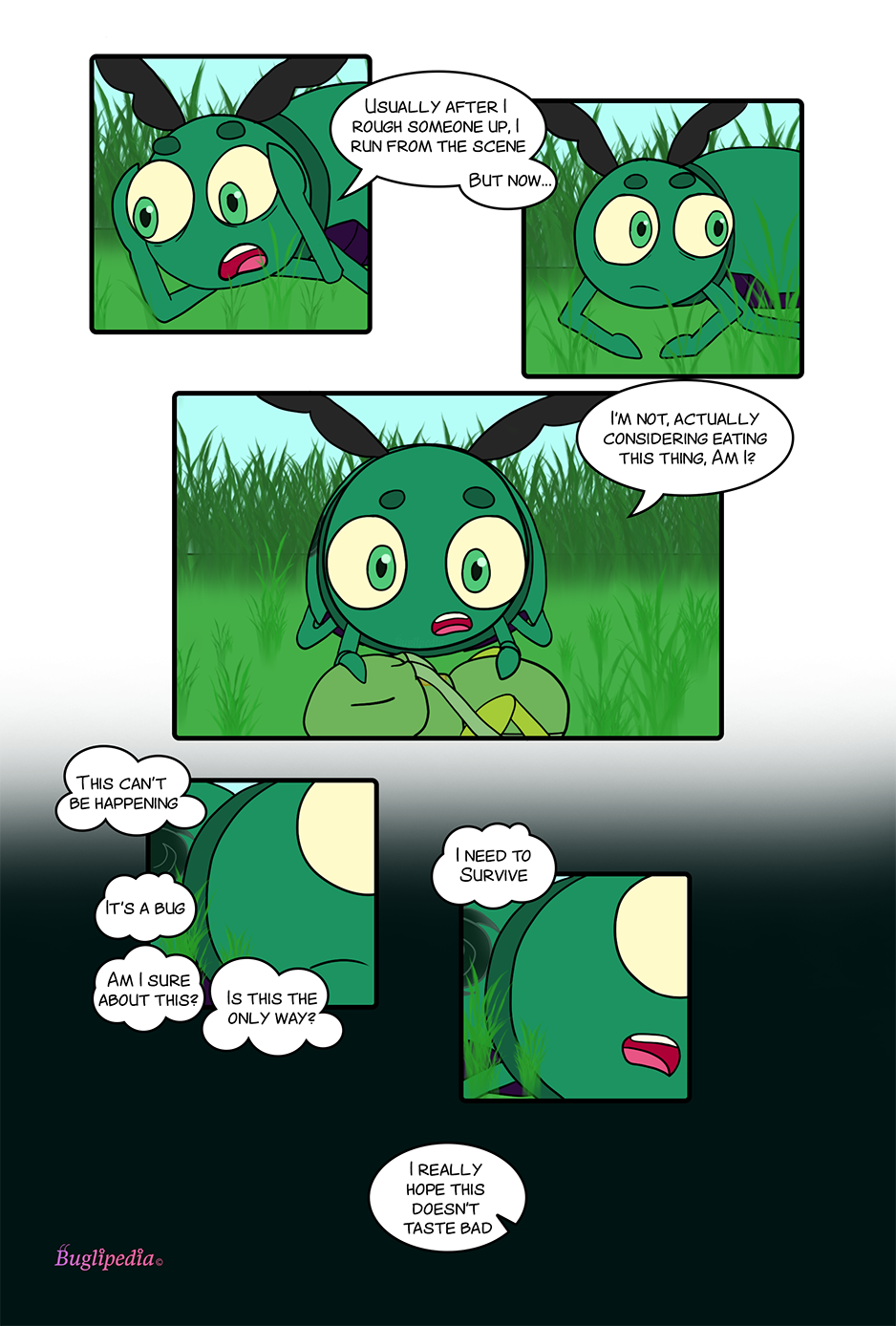 Buglipedia Chapter 2 page 7 Andrew the Beetle thinks about eating the aphid, he hates the idea but he needs to survive