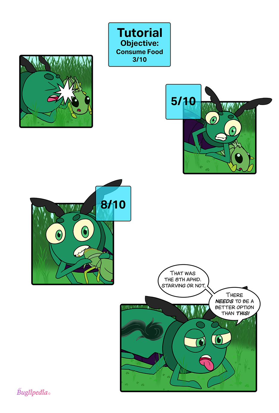 Chapter 2 page 9 Beetle attacking multiple aphids.
Andrew is now eating a bunch of aphids, but he still cannot take the texture anymore.