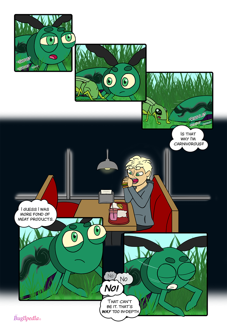 Chapter 2 page 12 Beetle thinking about fast food. Andrew thinks about his past life and how him eating meat could have made him a carnivore.